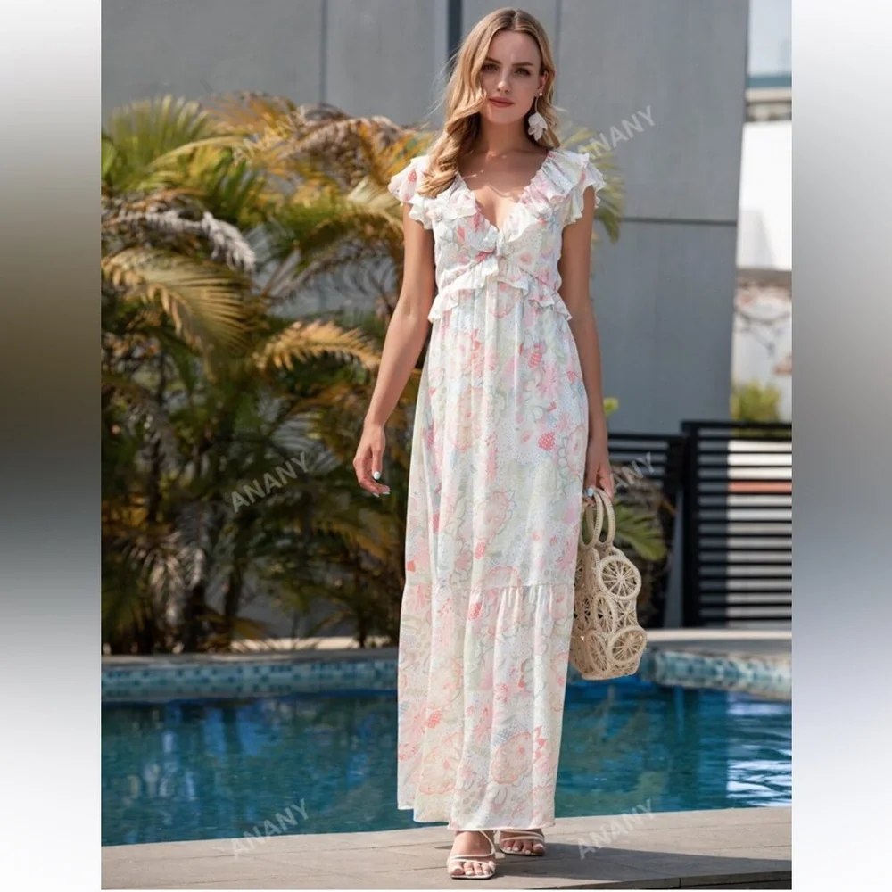 Anany Floral Print Ruffle Trim Dress Size Large - Picture 2 of 13